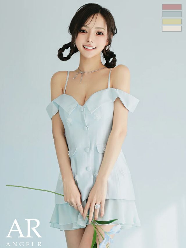 肩あき オープンバスト フロントボタン ポケット フラワー シフォン フレアミニドレス