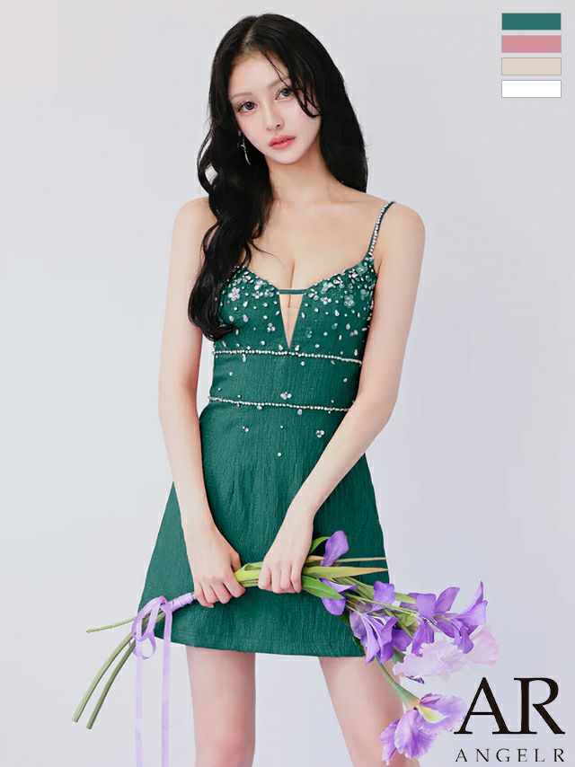 キャミソール Vカット フロントビジュー フレアミニドレス