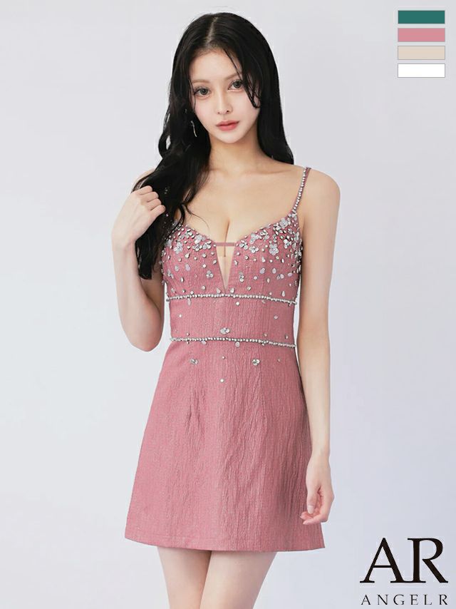 キャミソール Vカット フロントビジュー フレアミニドレス