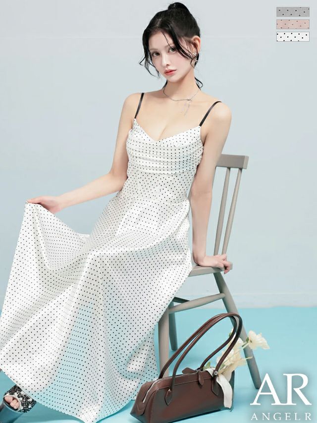 キャミソール バストシャーリング ドット柄 Aラインロングドレス