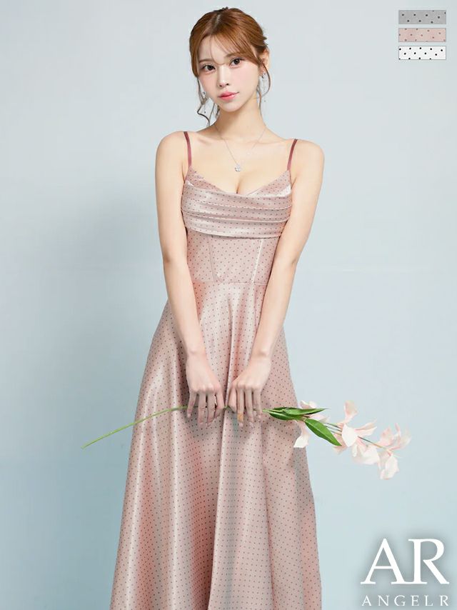 キャミソール バストシャーリング ドット柄 Aラインロングドレス