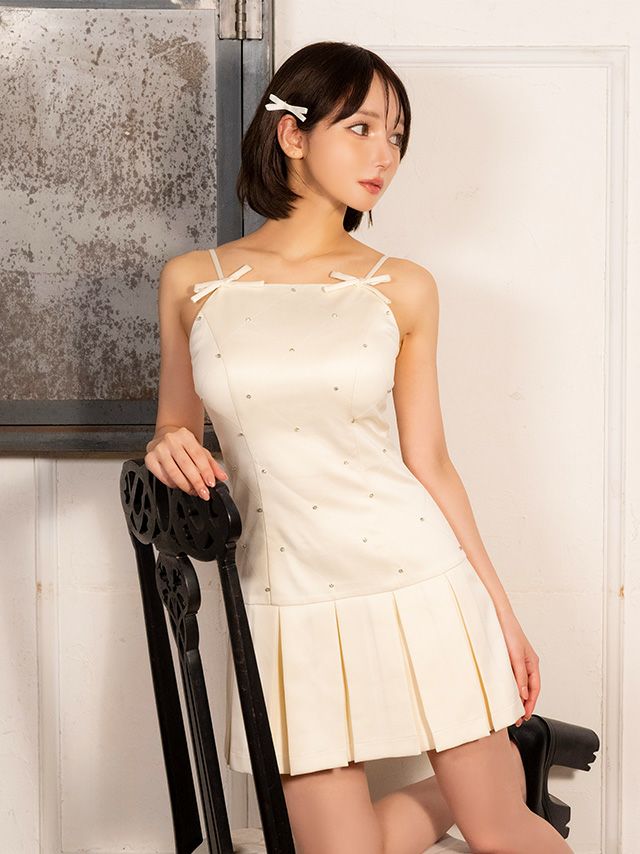 リボン ボックスプリーツ ビジュー キャミソール ガーリー フレアミニドレス