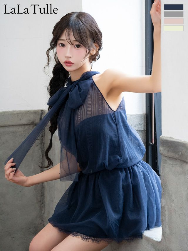 ベルト ガーリー ホルターネック チュール セットアップ リボン フレアミニドレス