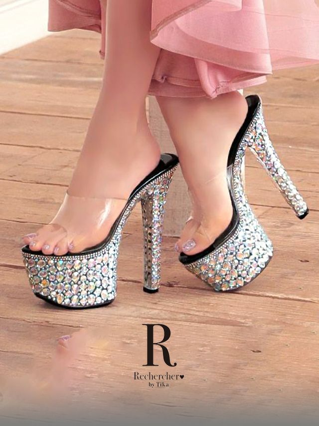 キャバヒール パール×ビジューデザイン 厚底 クリアサンダル