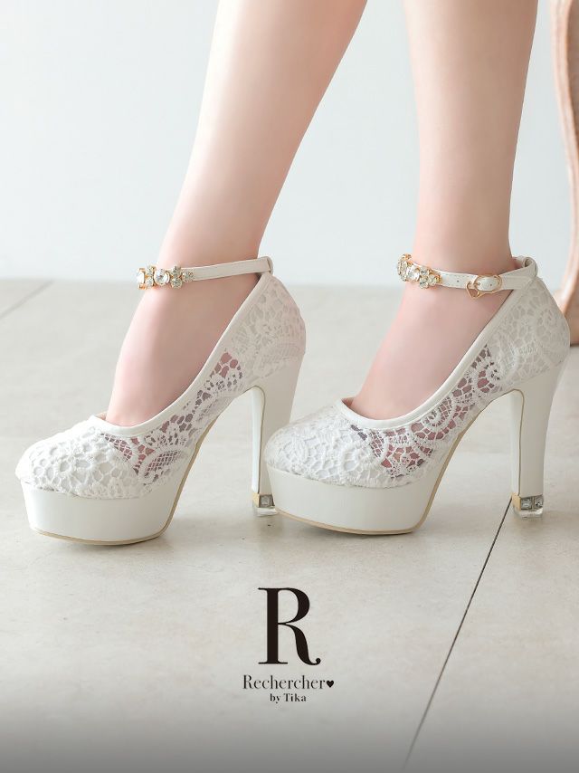 キャバヒール アンクルビジュー ストラップ デザイン レース パンプス