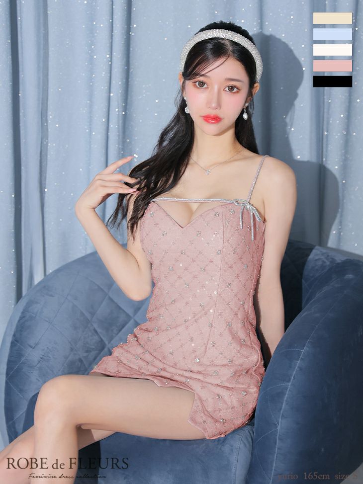 スパンコール リボン キャミソール オープンバスト ガーリー ビジュー タイトミニドレス