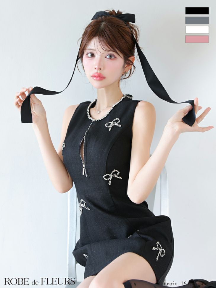 ノースリーブ ビジュー ジップデザイン リボン フレアミニドレス