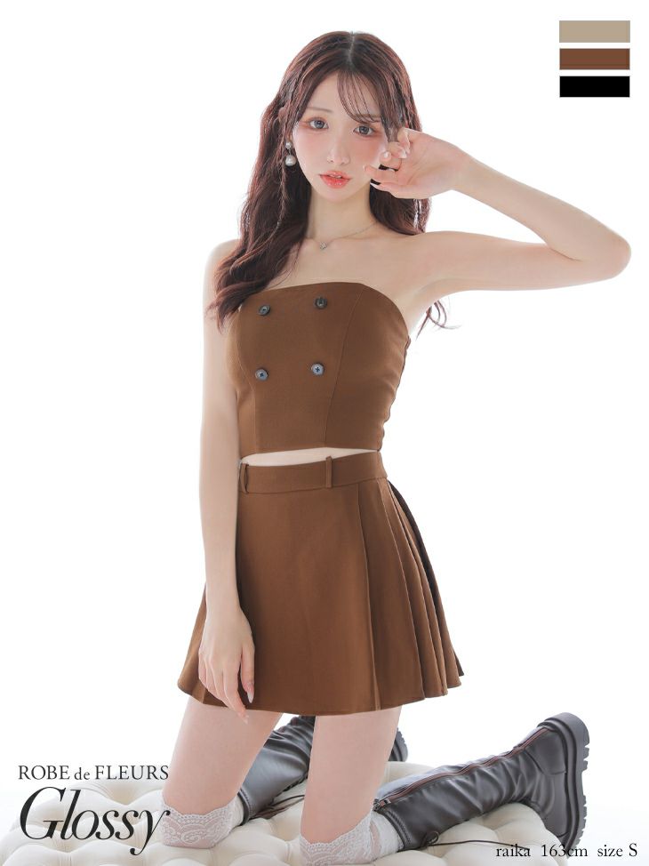 セクシー 2way オフショルダー ベアデザイン フロントボタン 長袖 セットアップ フレアミニドレス