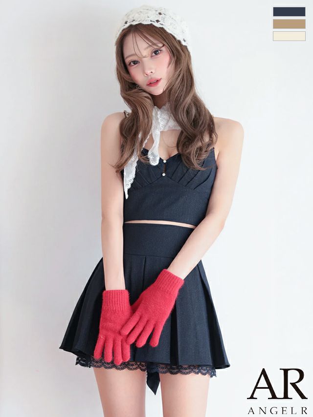 キャミソール セットアップ バックリボン プリーツスカート ガーリー レース Aラインミニドレス