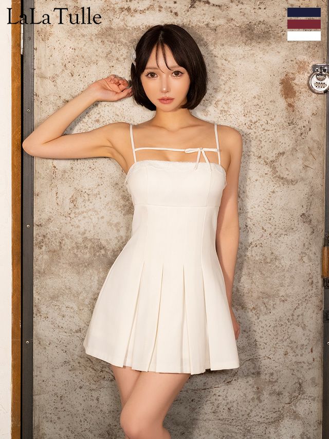 リボン プリーツ ガーリー キャミソール レース Aラインミニドレス
