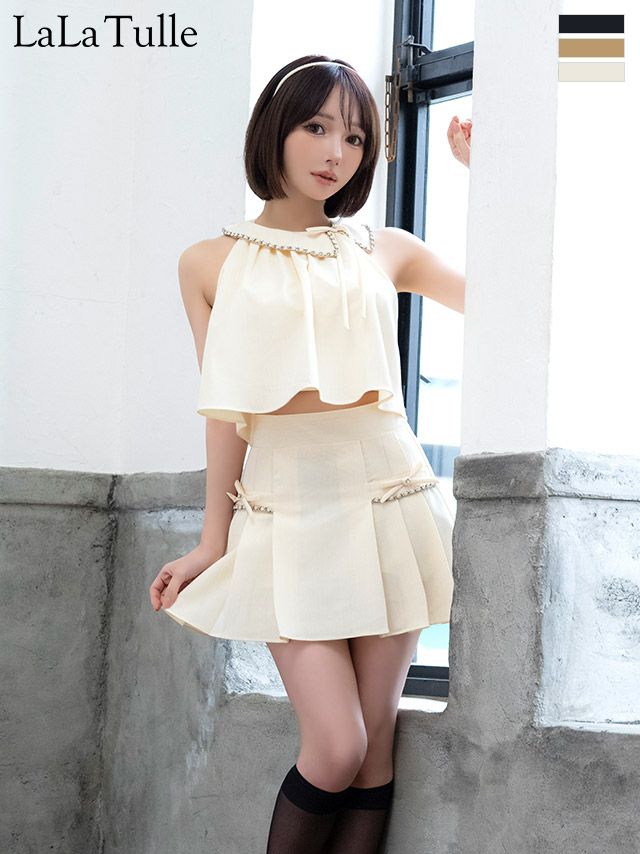 ノースリーブ プリーツスカート リボン セットアップ 襟付き ポケット チェーン フレアミニドレス