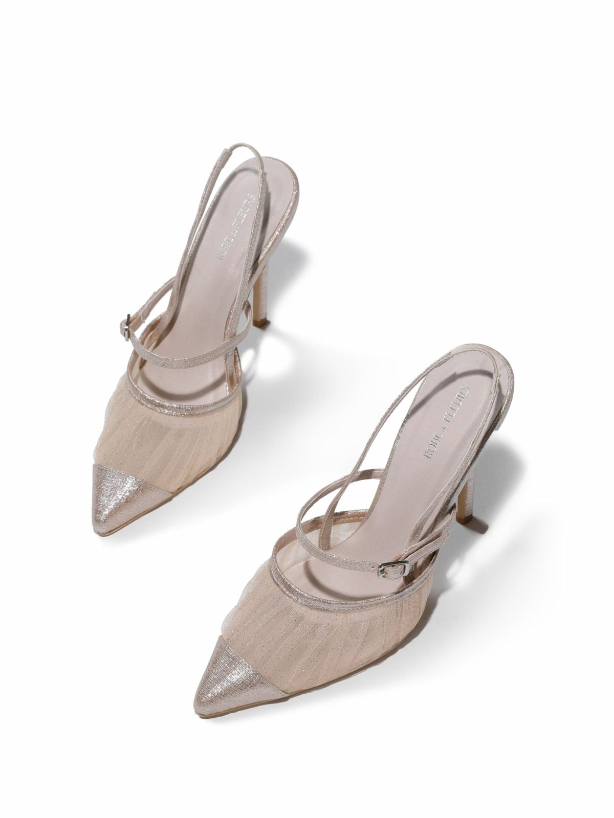 シアー メッシュ ストラップ付き ポインテッドトゥ パンプス