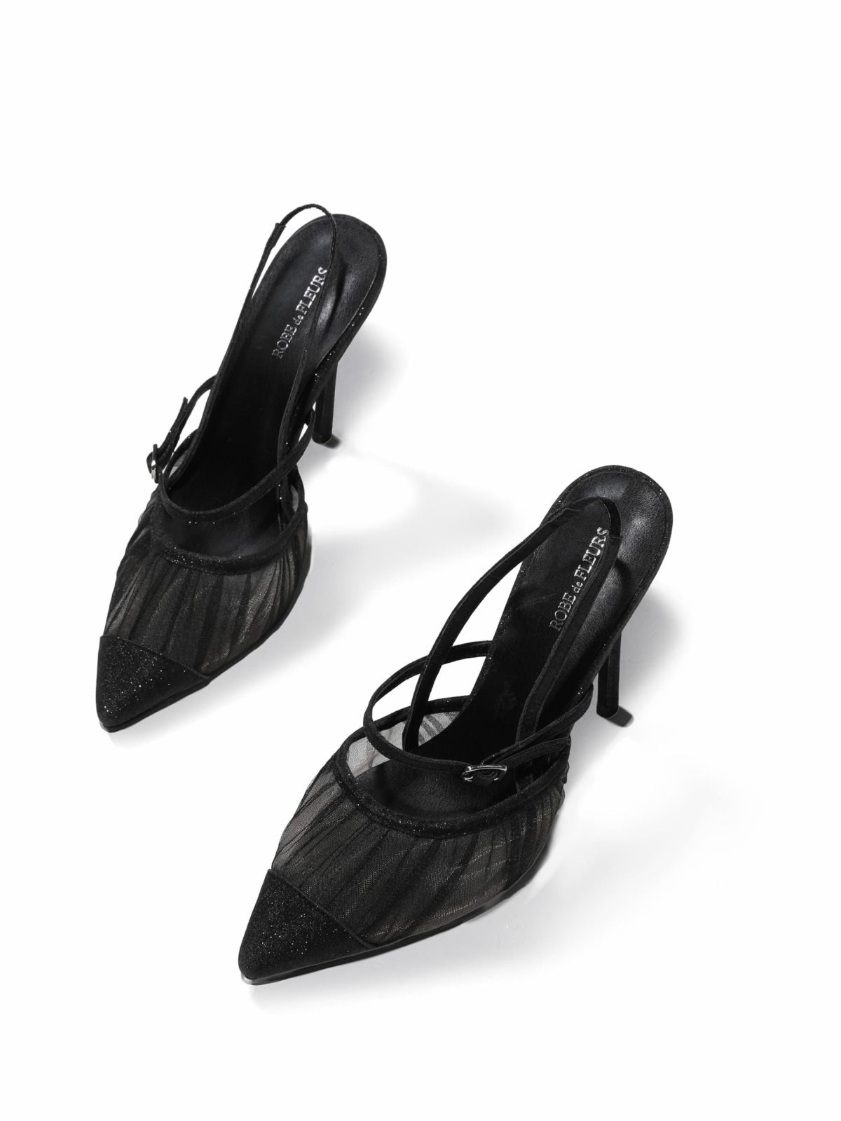 シアー メッシュ ストラップ付き ポインテッドトゥ パンプス