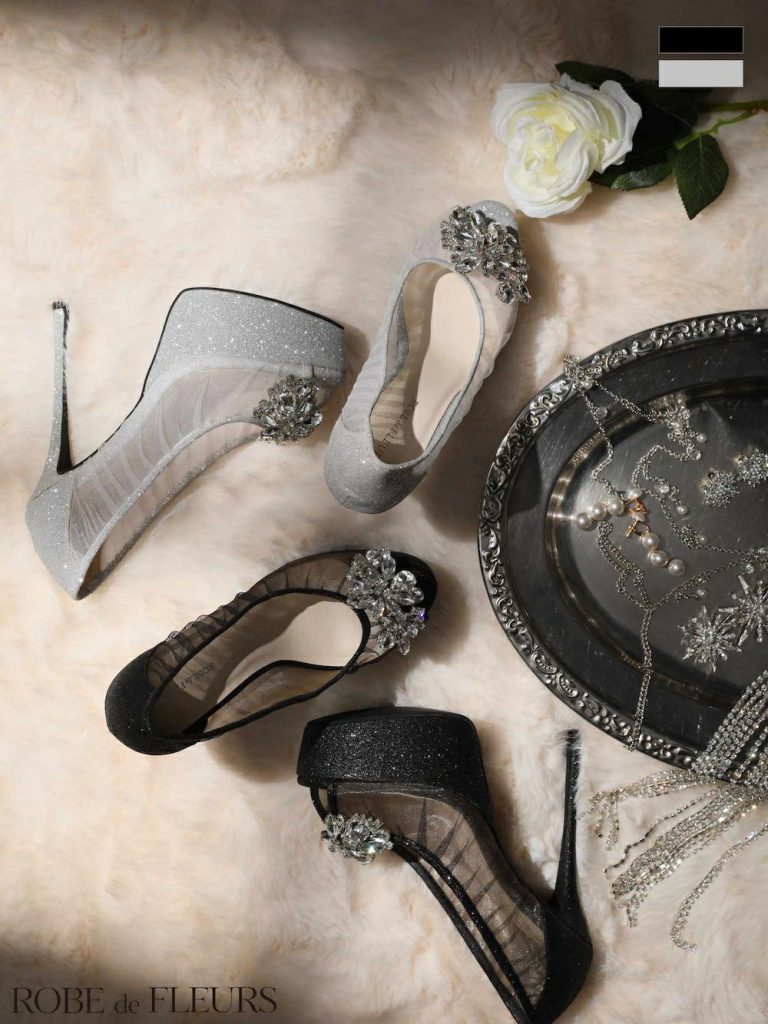 ビジュー ラインストーン メッシュ ラメ オープントゥ パンプス