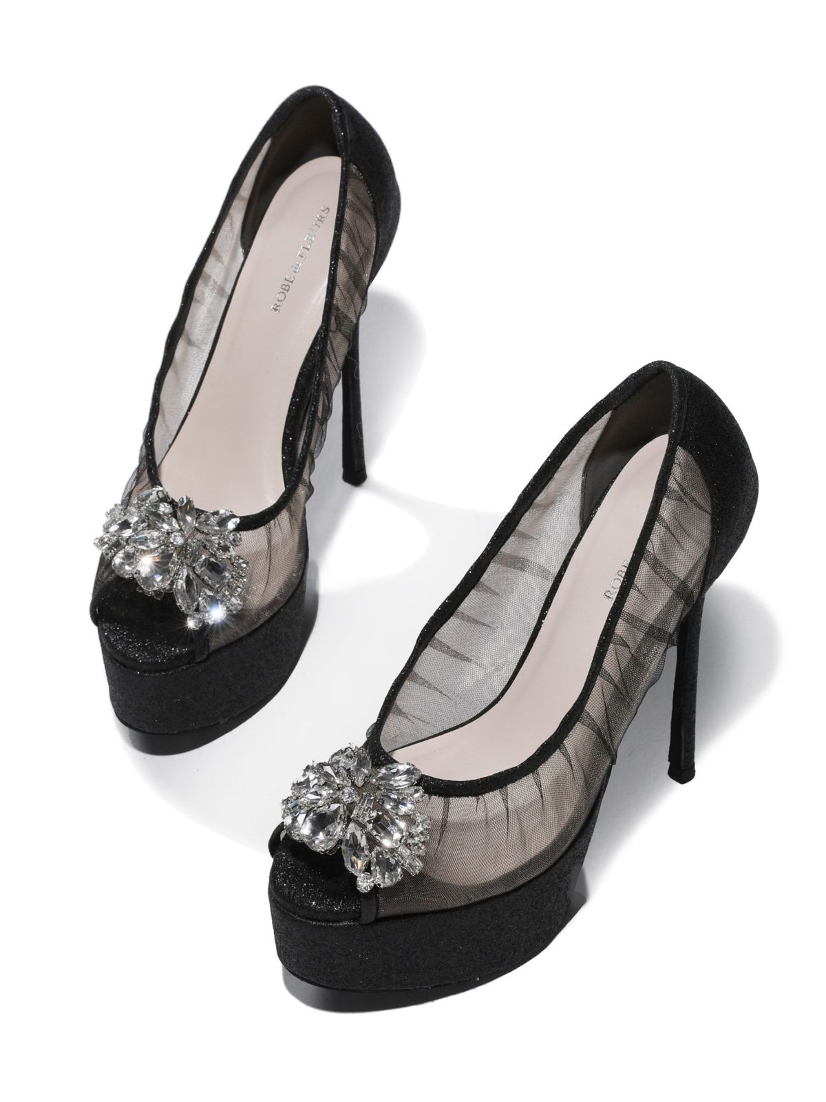 ビジュー ラインストーン メッシュ ラメ オープントゥ パンプス