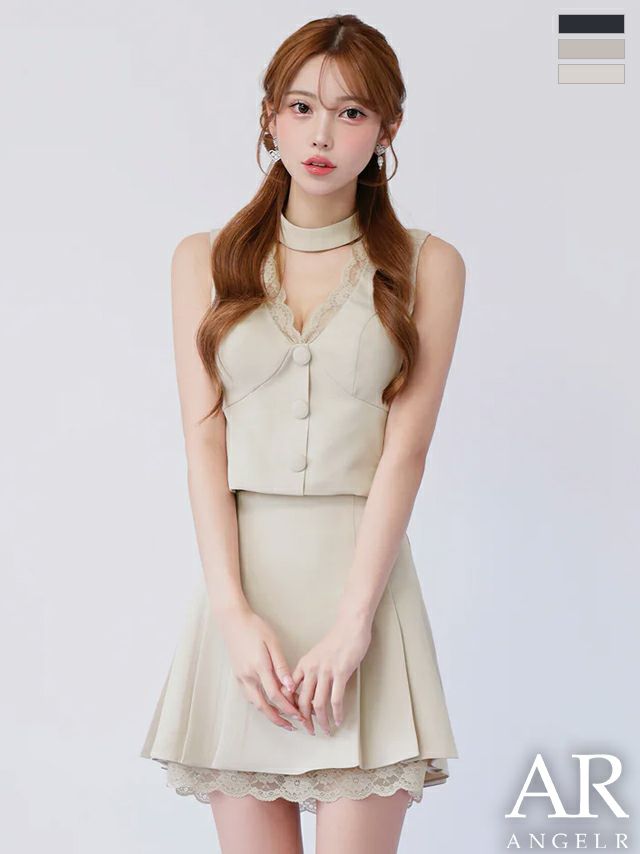 レース ボタン プリーツスカート セットアップ チョーカーデザイン ノースリーブ フレアミニドレス