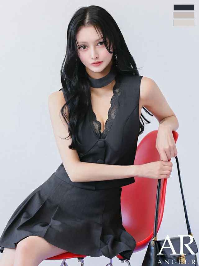 レース ボタン プリーツスカート セットアップ チョーカーデザイン ノースリーブ フレアミニドレス