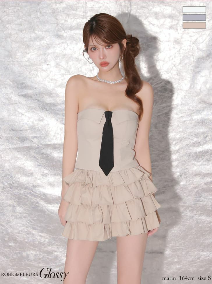 2way ベア キャミソール ネクタイ付き ティアードフリル セットアップ フレアミニドレス