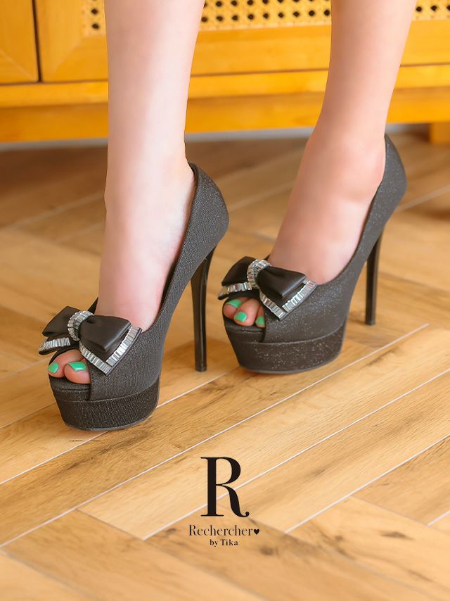 ビジュー グリッター オープントゥ ビッグリボン パンプス