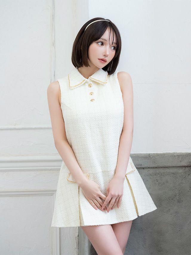 ツイード 襟付き フロントボタン ノースリーブ フレアミニドレス