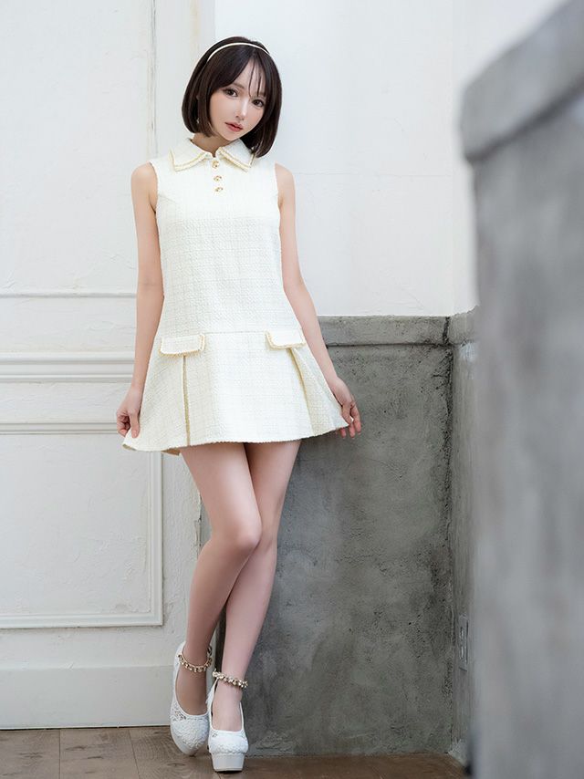 ツイード 襟付き フロントボタン ノースリーブ フレアミニドレス