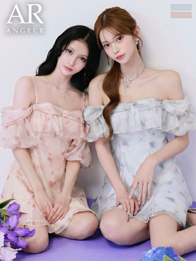 2way オフショルダー 肩あき フリル 花柄 フレアミニドレス