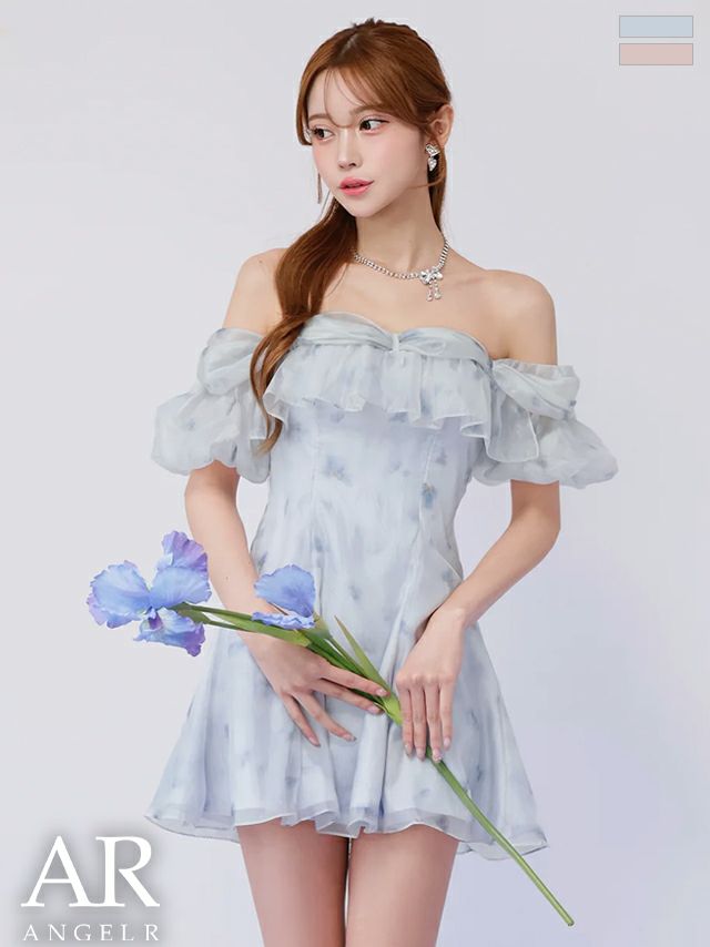 2way オフショルダー 肩あき フリル 花柄 フレアミニドレス