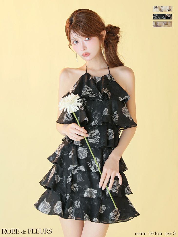 ホルターネック フラワージャガード シフォン ティアード バックシャン フレアミニドレス