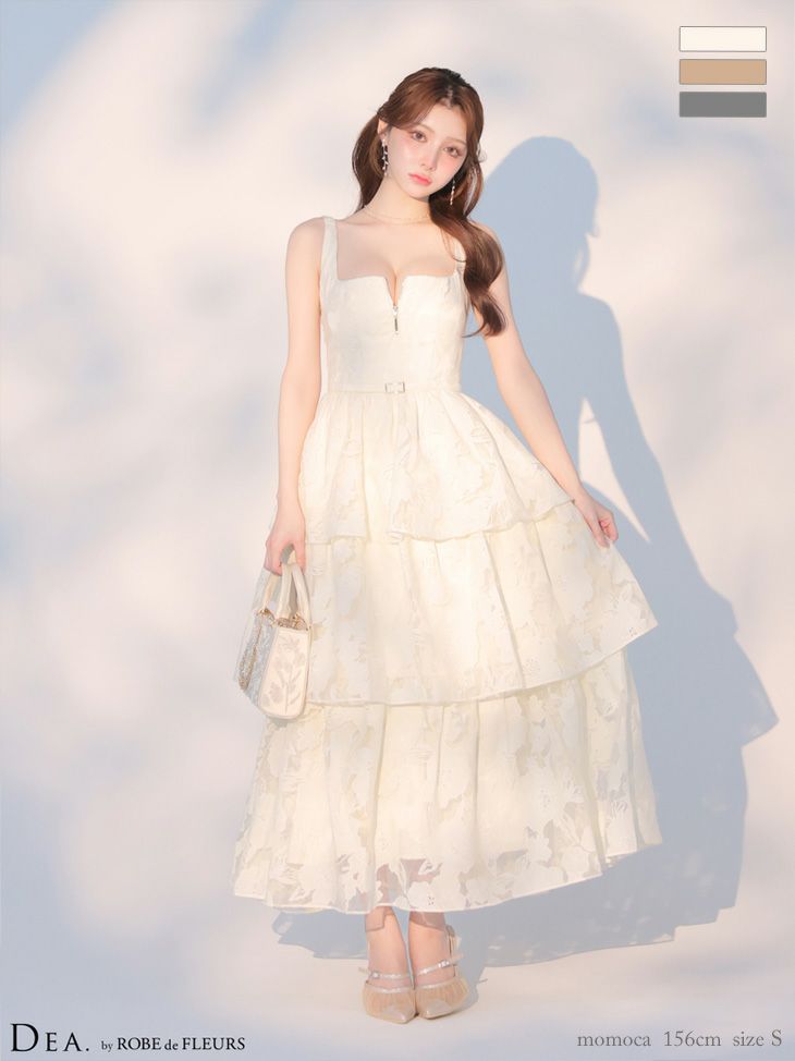 ノースリーブ オーガンジ ティアード ジップデザイン ウエストベルト フラワー フレアロングドレス