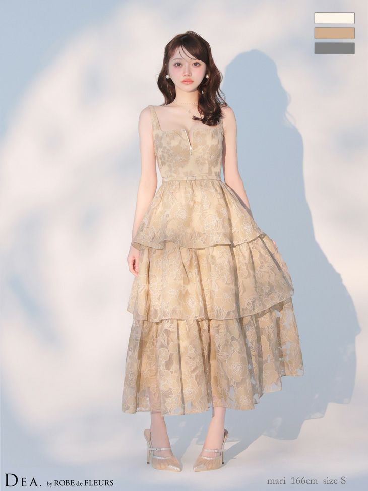 ノースリーブ オーガンジ ティアード ジップデザイン ウエストベルト フラワー フレアロングドレス