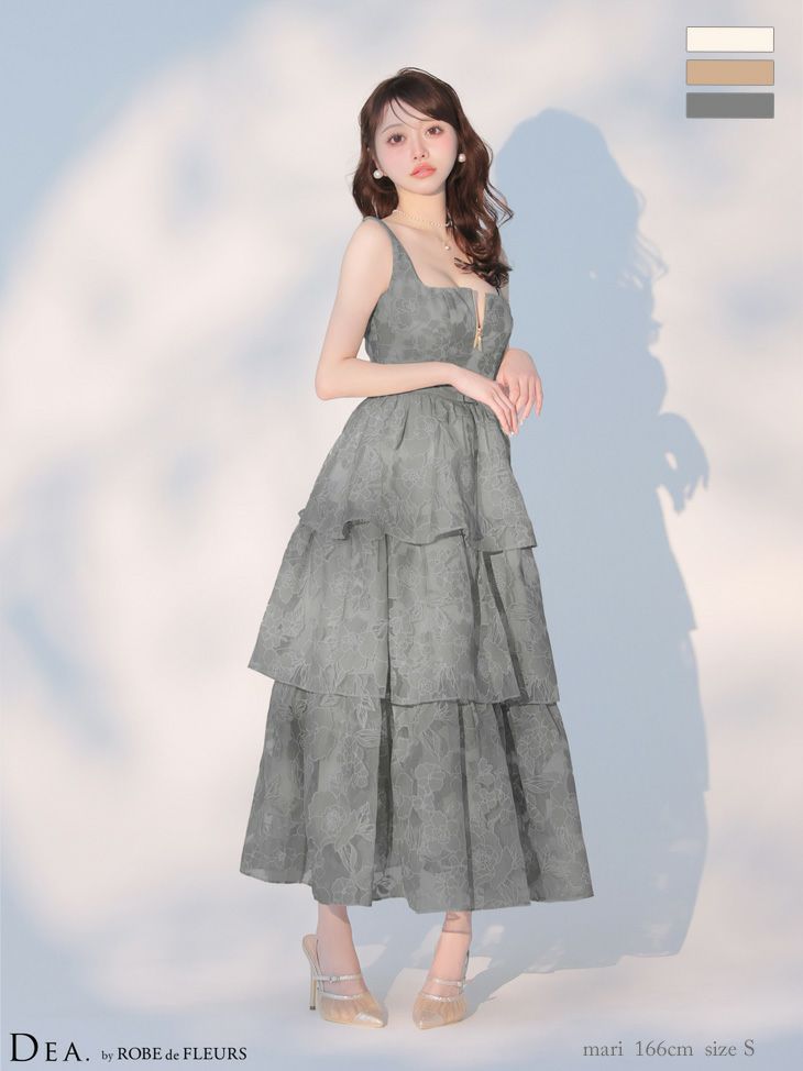 ノースリーブ オーガンジ ティアード ジップデザイン ウエストベルト フラワー フレアロングドレス