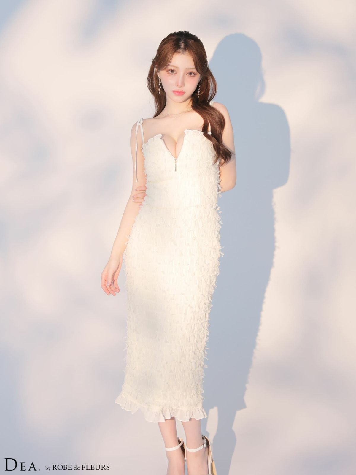 セットアップ キャミソール リボンショルダー ジップデザイン フリル 立体チュール タイトロングドレス