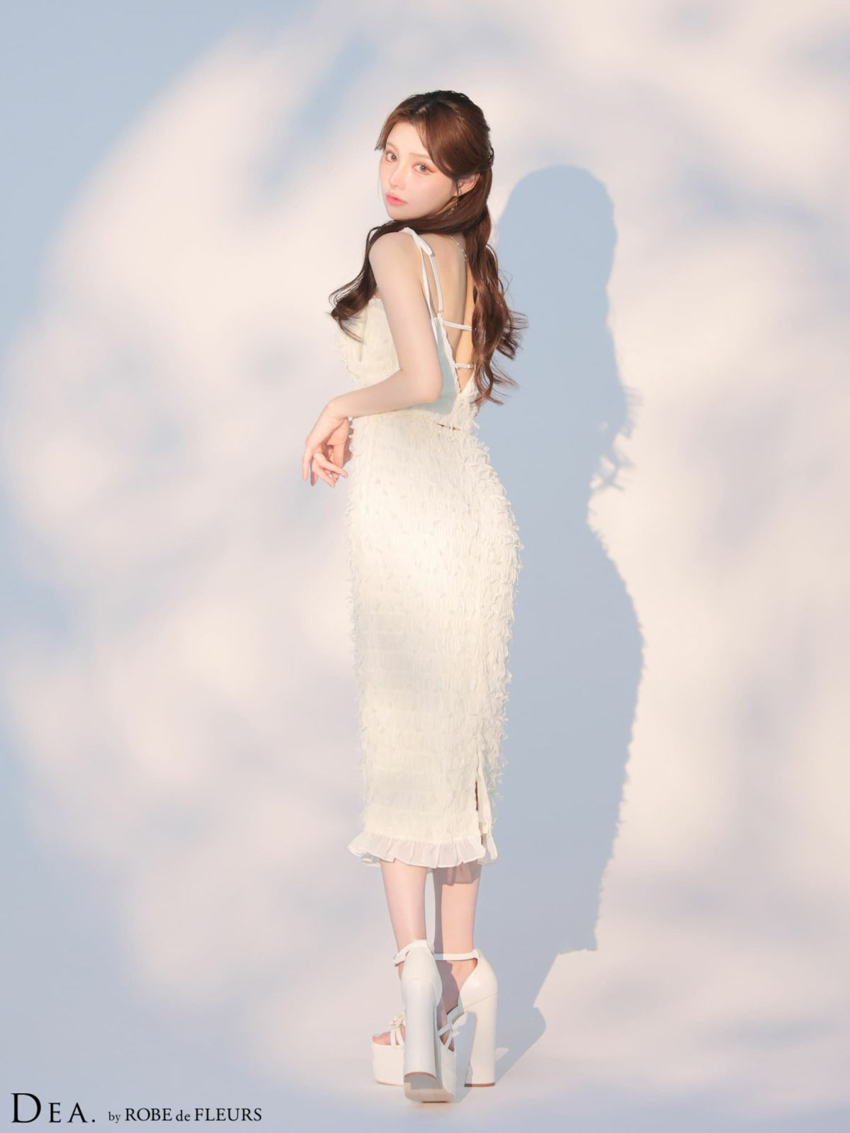 セットアップ キャミソール リボンショルダー ジップデザイン フリル 立体チュール タイトロングドレス