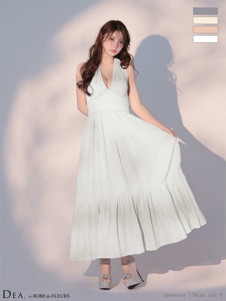 ホルターネック プリーツ シフォン ネックリボン Vネック フレアロングドレス