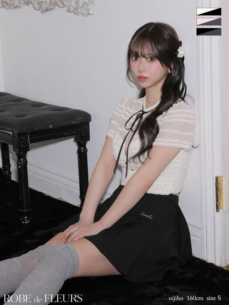 バストカット フリル リボン 半袖 セットアップ プリーツスカート ドット柄 バイカラー フレアミニドレス