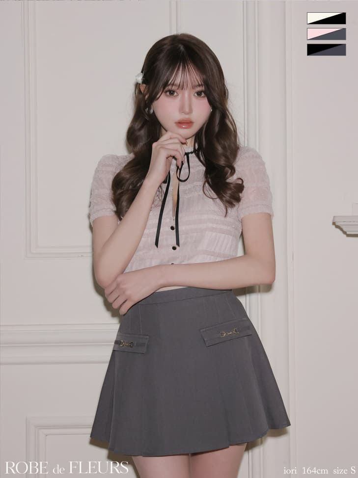 バストカット フリル リボン 半袖 セットアップ プリーツスカート ドット柄 バイカラー フレアミニドレス