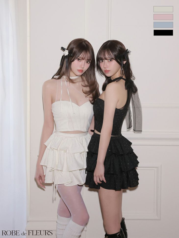 ワンショルダー ラインストーン セットアップ チュール フリル ティアード リボン フレアミニドレス