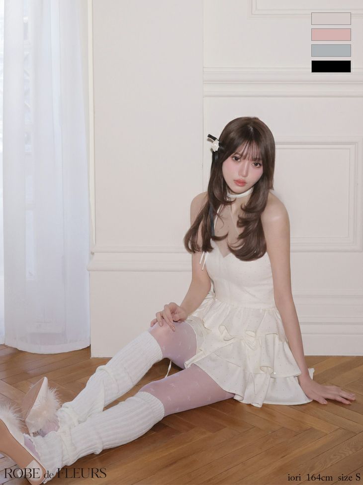 ワンショルダー ラインストーン セットアップ チュール フリル ティアード リボン フレアミニドレス