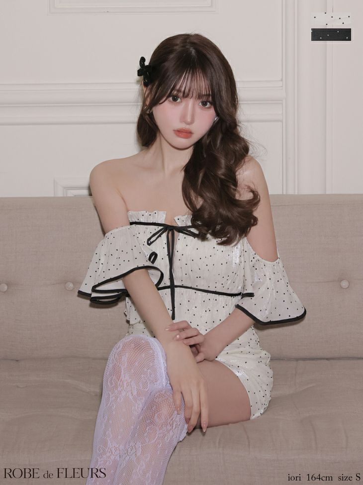 2way オフショルダー 肩あき リボン バストカット ラメシフォン セットアップ ドット柄 タイトミニドレス