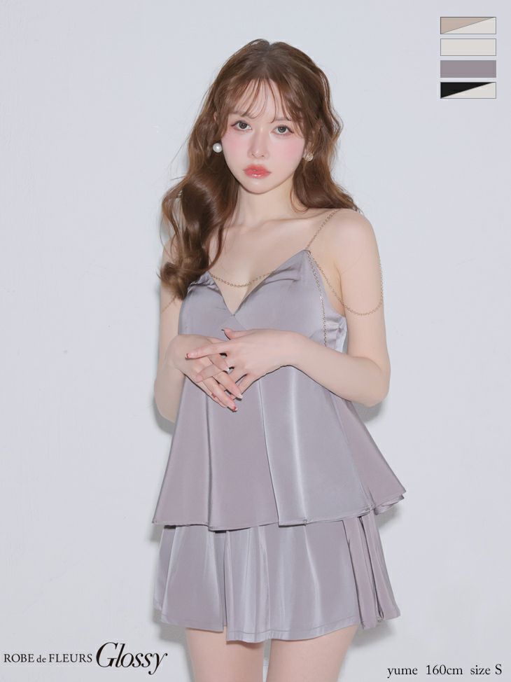 チェーン キャミソール サテン セクシー セットアップ フレアミニドレス