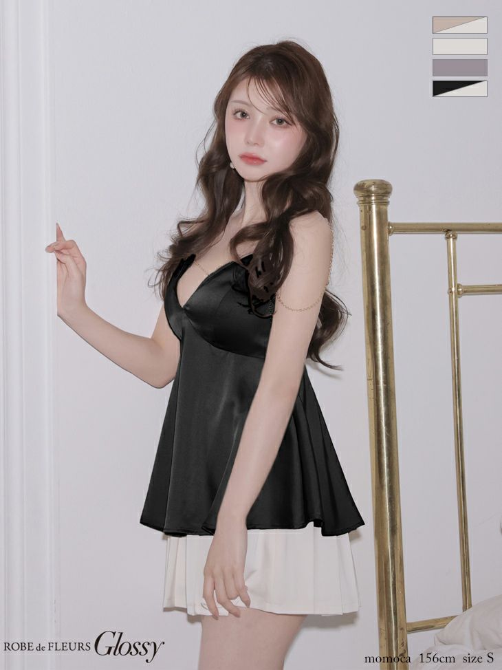 チェーン キャミソール サテン セクシー セットアップ フレアミニドレス