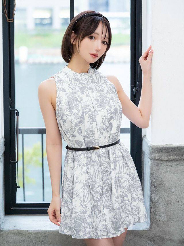 ノースリーブ 花柄 プリーツウエストベルト ツイード フレアミニドレス