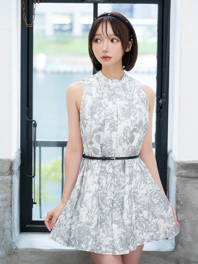 ノースリーブ 花柄 プリーツウエストベルト ツイード フレアミニドレス