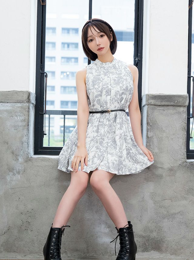 ノースリーブ 花柄 プリーツウエストベルト ツイード フレアミニドレス