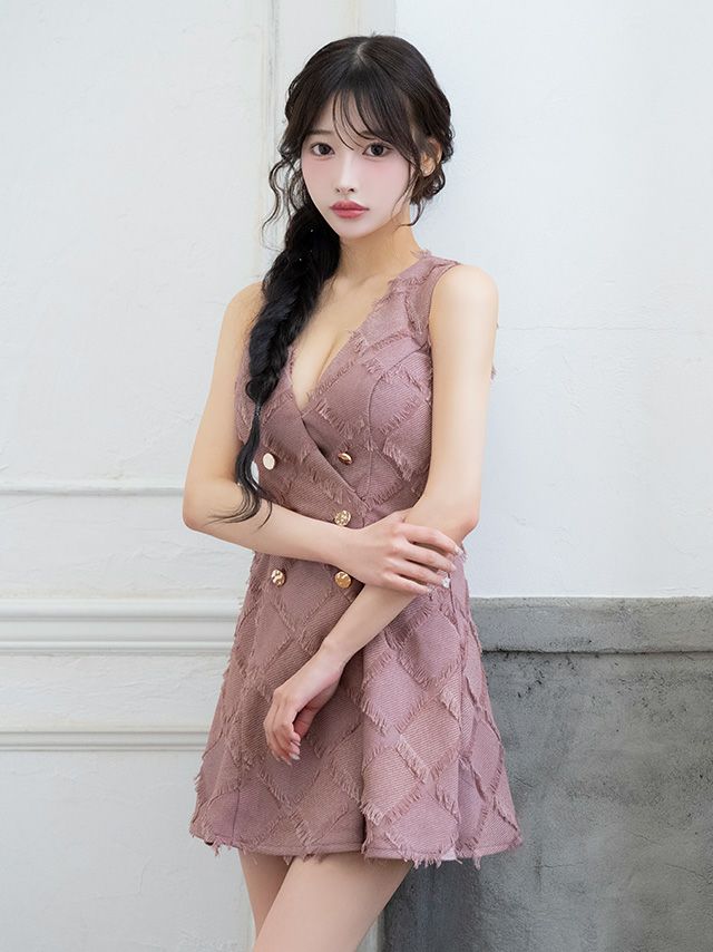 オープンバスト クラシカル ノースリーブ フリンジジャガード ダブルボタン フレアミニドレス