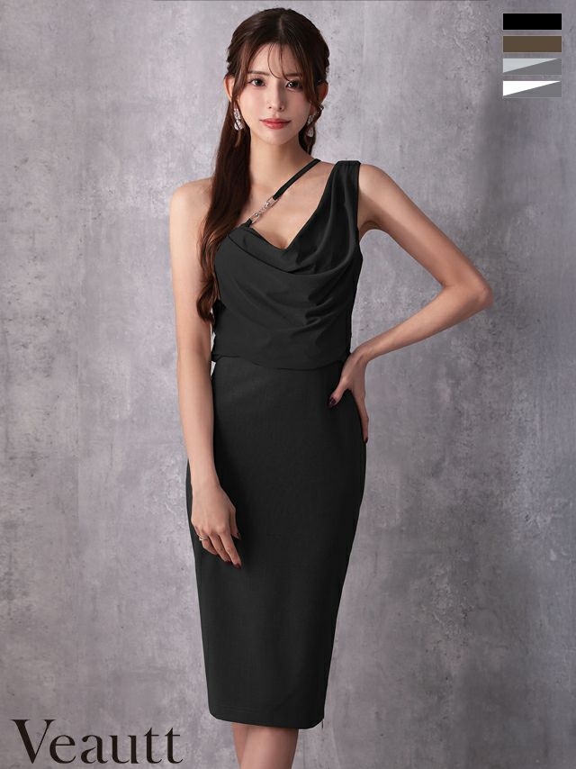 ワンショルダー アシンメトリー ドレープ チャーム チェーン ジップデザイン バイカラー 膝丈ドレス