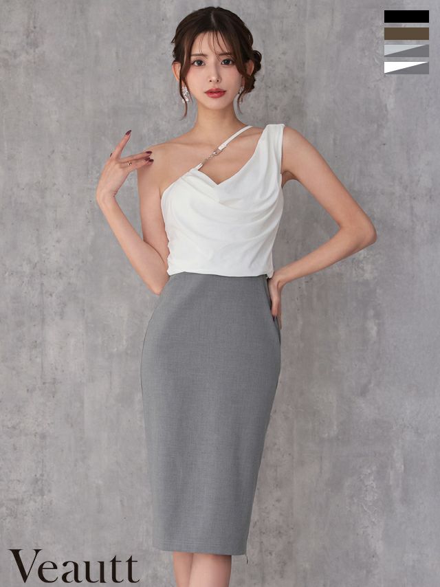 ワンショルダー アシンメトリー ドレープ チャーム チェーン ジップデザイン バイカラー 膝丈ドレス