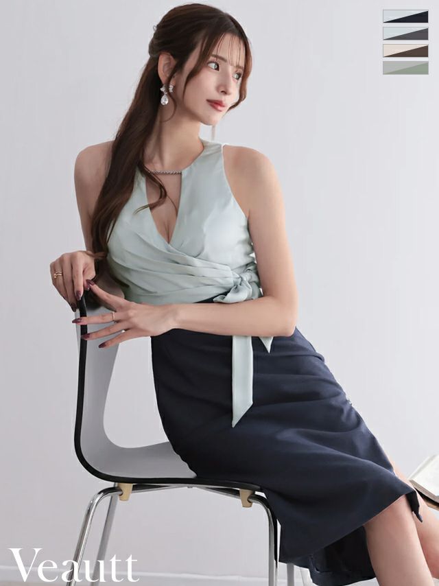 ノースリーブ バストタック チェーン ウエストクロス リボン ジップデザイン バイカラー 膝丈ドレス