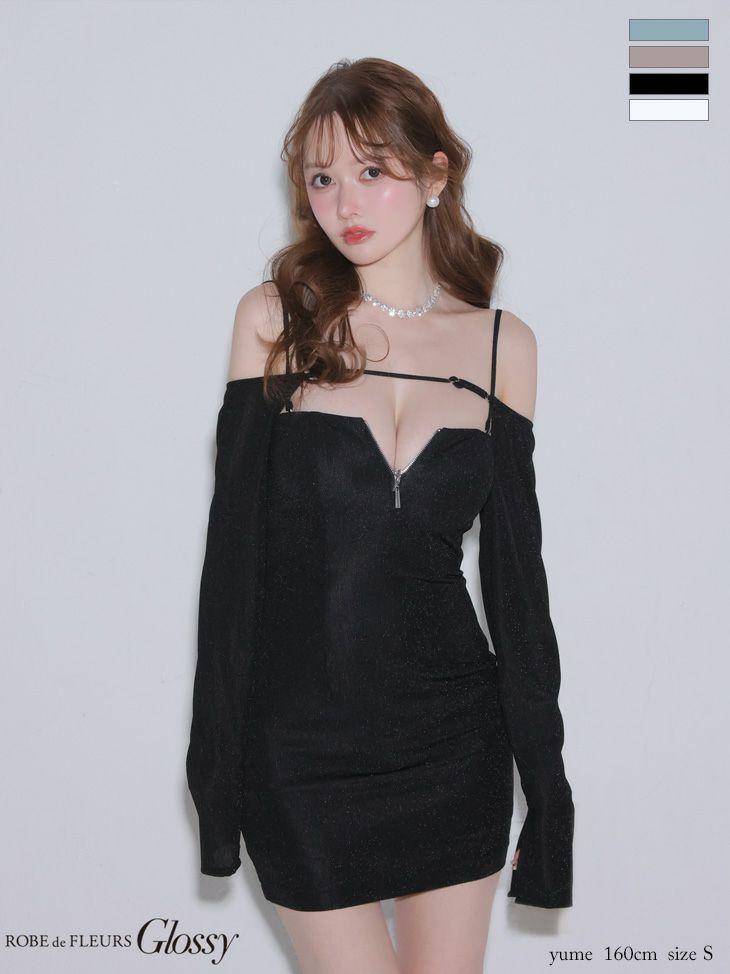 ラメニット 3way キャミソール ベア ボレロ ジップデザイン 長袖 タイトミニドレス