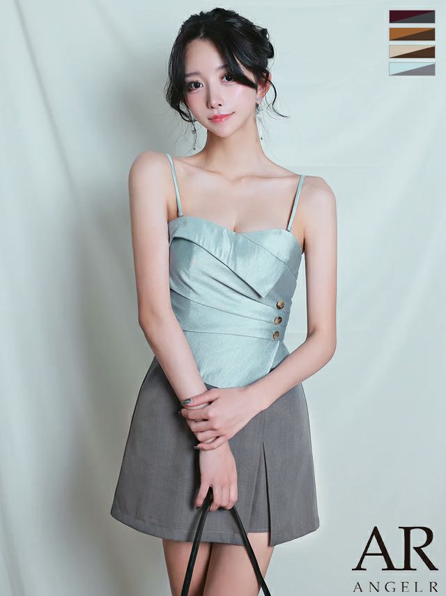 キャミソール 2way ベア バイカラー ボタン セットアップ フレアミニドレス